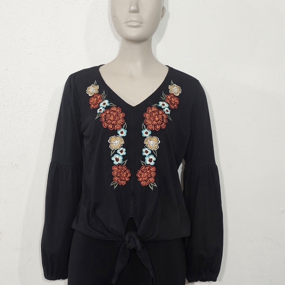 Rock & Roll Denim Tops - Rock & Roll Denim Chic Black Blouse with Bohemian Embroidered Floral Size M
